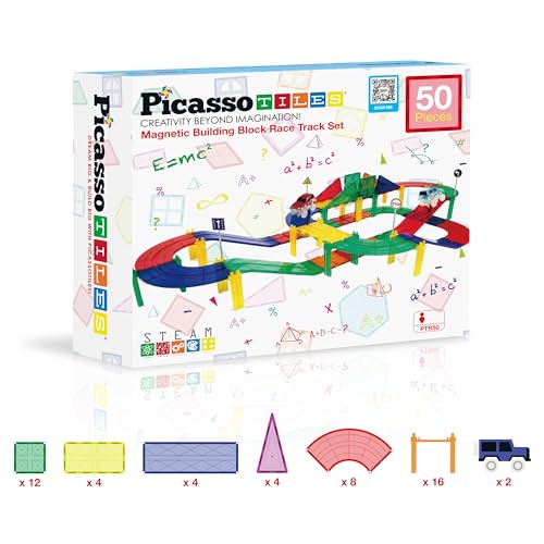 PicassoTiles 50 Piece Race Car Track Building Block Educational Toy Set Magnetic Tiles Magnet DIY Playset 2 Light Up STEM Learning Construction Kit Hand-Eye Coordination Fine Motor Skill Training