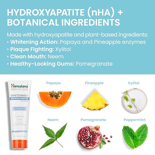 Himalaya Botanique Peppermint Whitening+ Hydroxyapatite (nHA) Toothpaste, Whiter Teeth & Fresher Breath with Hydroxyapatite Support & Peppermint Flavor, Fluoride Free, SLS Free, & Vegan, 4.0 oz (113g)