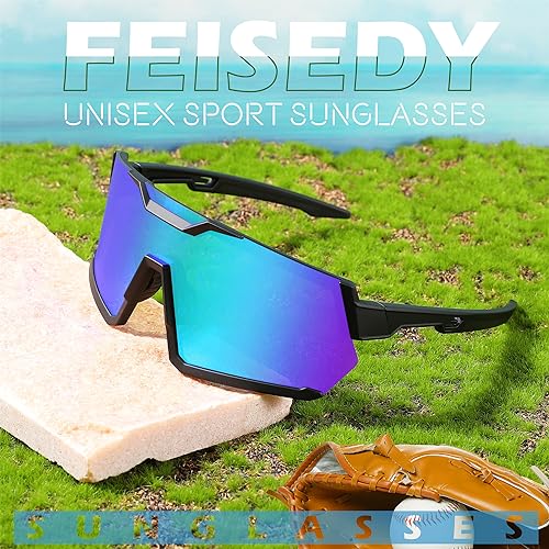 FEISEDY Men Women Cycling Sunglasses, with 3 Interchangeable Lenses, TR90 Sports Glasses Baseball for Youth Teens B4138