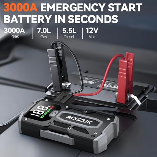 Car Jump Starter, 3000A 12V 8-in-1 Jump Starter Battery Pack, Up to 7.0L Gas & 5.5L Diesel Engines Quick Charge 3.0 Power Bank Jumper Cable with LED,Large Screen