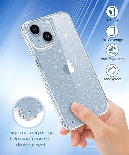 MIODIK Compatible with iPhone 14 Case with Screen Protector + Camera Lens Protector, [Non-Yellowing] Clear Glitter Phone Case, Protective Shockproof Women Cover for 6.1 Inch - Sparkle Clear