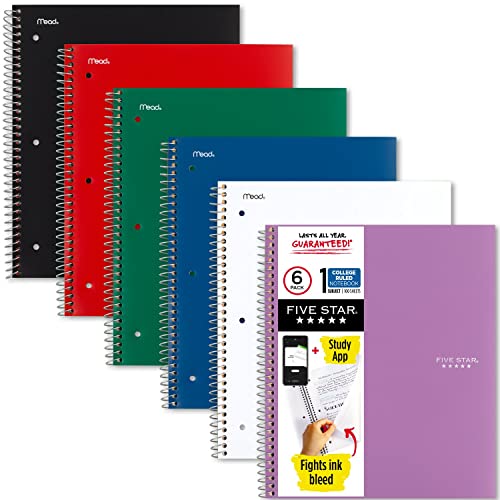 Five Star Spiral Notebook + Study App, 6 Pack, 1 Subject, College Ruled Paper, 8-1/2" x 11", 100 Sheets, Fights Ink Bleed, Water Resistant Cover, Black, Red, Blue, Green, White, Purple (38052)