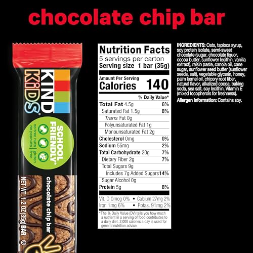 KIND Kids Chocolate Chip Bar, Tree Nut Free, Peanut Free, Gluten Free, Made With Whole Grain Oats, 6.2 oz Box (40 Bars)