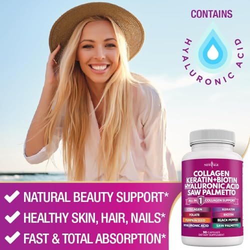 Collagen Pills 1000mg Biotin 10000mcg Keratin Saw Palmetto 2500mg Hyaluronic Acid - Hair Skin and Nails Vitamins and DHT Blocker with Vitamin E Folic Acid Pumpkin Seed MSM Made in USA - 90 Count