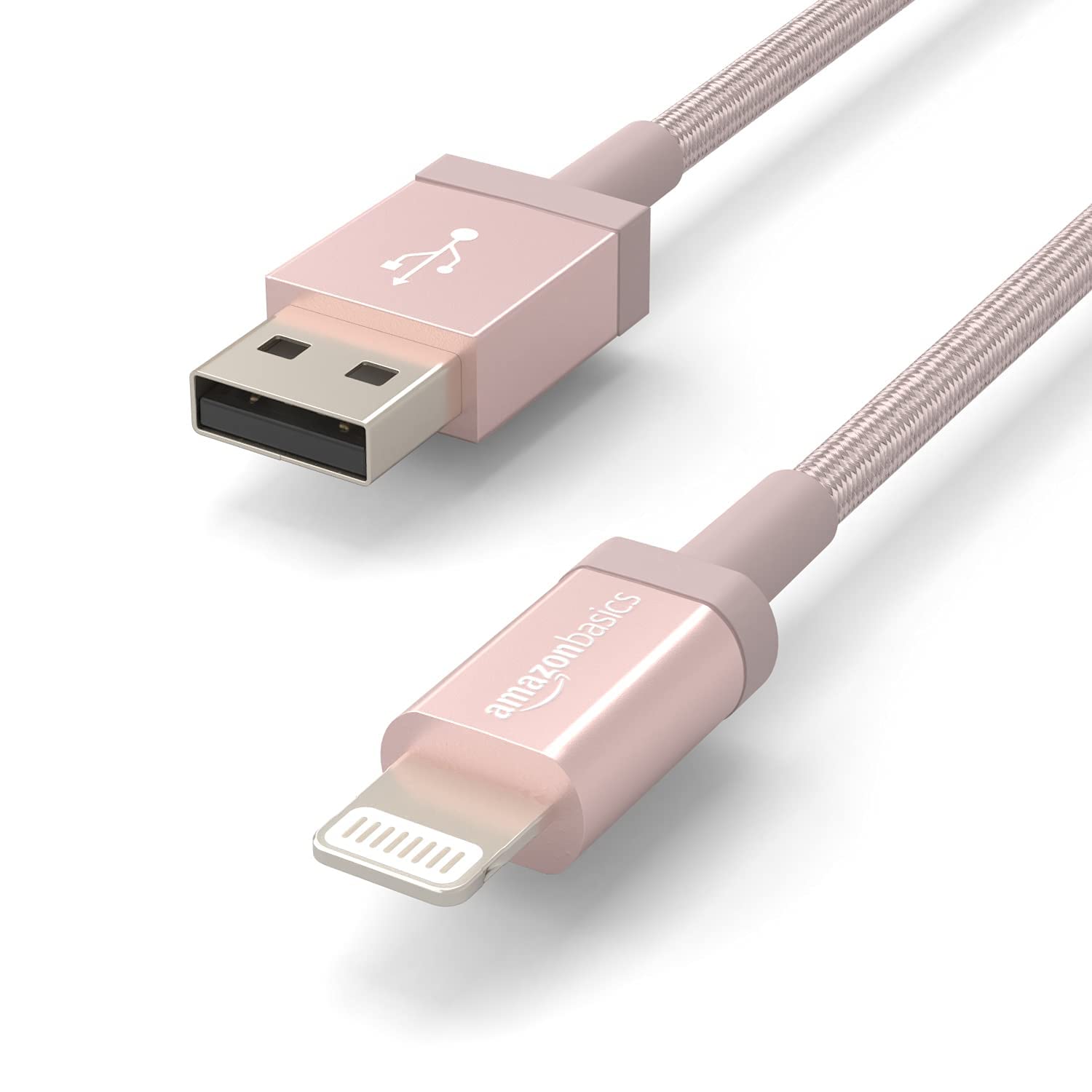 Amazon Basics USB-A to Lightning Charger Cable, Nylon Braided Cord, MFi Certified Charger for Apple iPhone 14 13 12 11 X Xs Pro, Pro Max, Plus, iPad, 3 Foot, Rose Gold