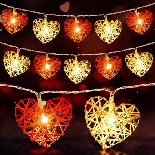 Enhon 1 Pack Valentines Heart String Lights, Vintage Rattan Heart Shaped String Light, 6.5 ft 12 LEDs Fairy Battery Operated Twinkle Light for Valentine‘s Day Wedding Indoor Outdoor Party Decor