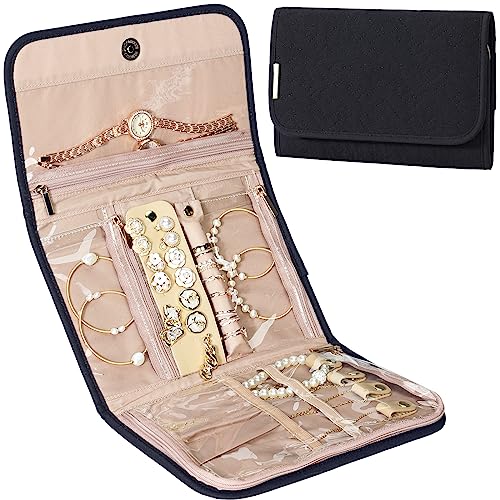 NISHEL Travel Jewelry Organizer Roll, Transparent Foldable Case for Necklaces, Earrings, Rings, Bracelets, Watch, Pink