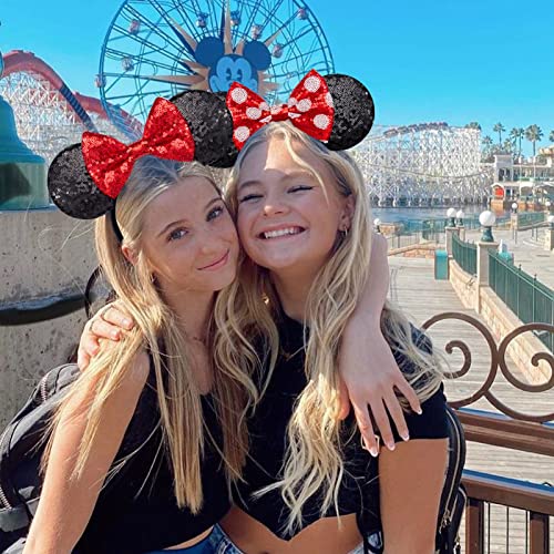 YUNISS 2 PCS Mouse Ears, Shiny Red Sequin Bow Mouse Ears Headbands for Adult Women Girls Christmas Birthday Party (Red)