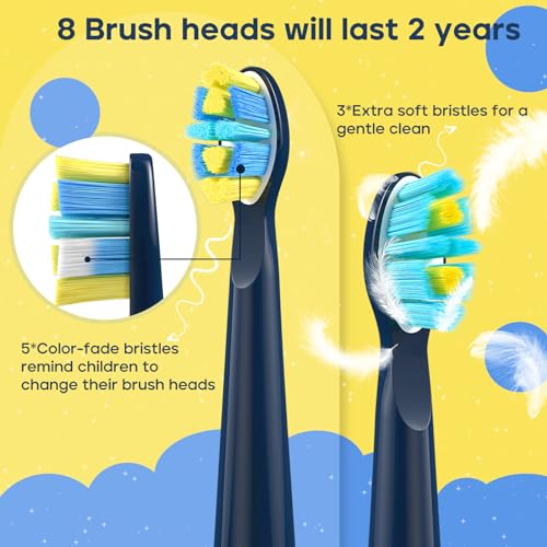 SEAGO Kids Electric Toothbrush, Rechargeable Sonic Soft Bristle Toothbrushes with 8 Brush Heads, DIY Stickers and 5 Modes, Ideal for Kids and Children, Ages 3–12(Navy)