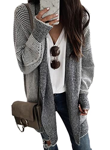 Sidefeel Womens Plaid Long Sleeve Open Front Cardigan Fall Outfits Chunky Knit Oversized Sweaters Winter Coats Purple Medium