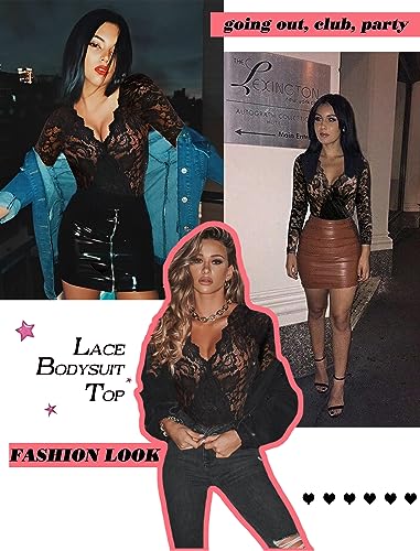 Avidlove Plus Size Womens Long Sleeve Black Bodysuit V Neck Lace Body Suits Going Out Tops Snap Crotch One Piece Teddy Lingerie