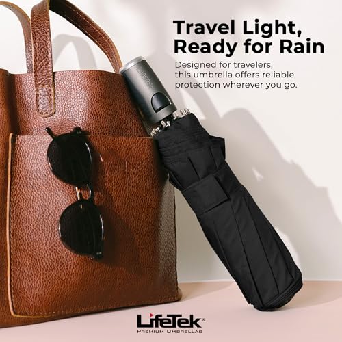 LifeTek Traveler 42 FX1 Windproof Travel Umbrella, Automatic Open Close, Compact for Rain and Sun, Fits in Purse or Backpack, Strong Lightweight Durable Frame, UV Protection, Small and Portable Black