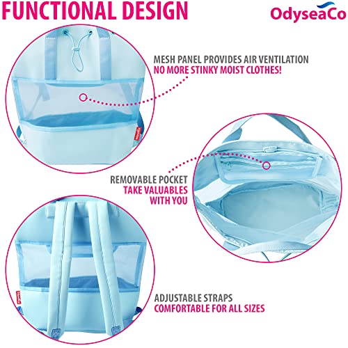 Odyseaco Beach Backpack Lightweight (Blue) - Neoprene Drawstring Beach Bags for Women Waterproof Sandproof - Ideal for Gym, Workout and Pool