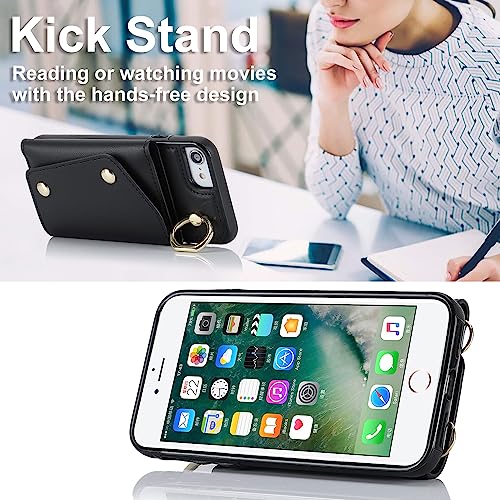 Phone Case for iPhone 7/8/SE 2020/2022 Wallet Cover with Screen Protector Ring Stand Card Holder Crossbody Strap Cell iPhone7 iPhone8 7s 8s i SE2020 SE2022 2/2nd/3/3rd Generation SE2 SE3 Women Black