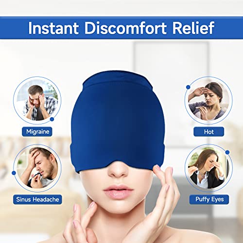 Wearable Ice Cap for Migraines, Headache Relief Hat for Tension Sinus Headache Eye Fatigue Fever Relief, One-Piece Design Fit All Head Ice Pack Cap, Hot Cold Compressed Therapy Head Migraine Hat(Blue)