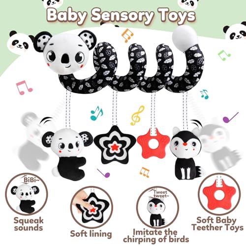 Baby Carseat Toy Black & White Rattle Spiral Hanging Activity Stroller Toy for Newborns Boys and Girls - Coala