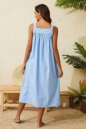 YOZLY Cotton Nightgowns for Women Embroidery Sleeveless Night Gown with Pockets S-3XL, Green Long Sleeve, Small