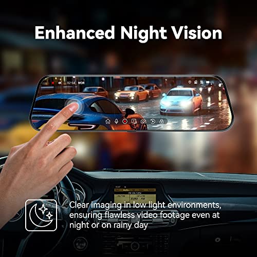 Pelsee P10 Pro 10" 4K Mirror Dash Cam, Rear View Mirror Camera Smart Driving Assistant w/ADAS and BSD, Night Vision Dash Cameras Front and Rear, Voice Control, Parking Monitoring, 32GB Memory Card