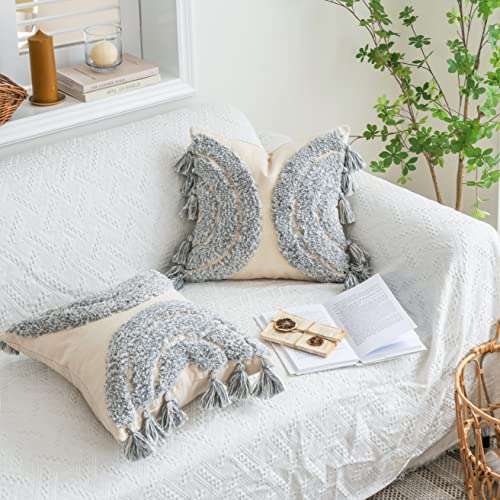 Foindtower Gorgeous Half Moon Accent Boho Tufted Decorative Throw Pillow Cover, Stylish & Cozy Rainbow Design Cotton Canvas Cushion Cover | Tassels Pillow Case Home Decor 18"X 18" Mixed Grey 1 Piece