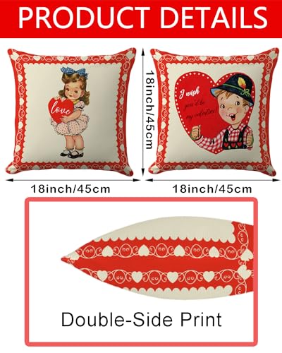 Set of 2, 18x18 Inch Valentine's Day Pillow Covers - Vintage Retro Young Couple with Hearts Design - Classic Antique Victorian Inspired Cushion Cases for Romantic Home, Sofa, and Couch Decor