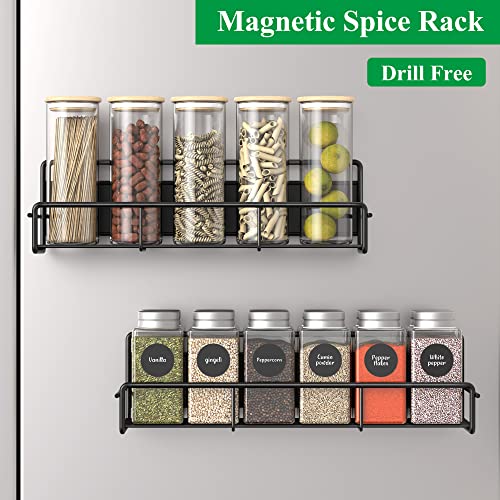 HuggieGems 2 Pack Magnetic Spice Rack Organizer for Refrigerator and Microwave Oven, Metal Fridge Shelf for Kitchen, Black