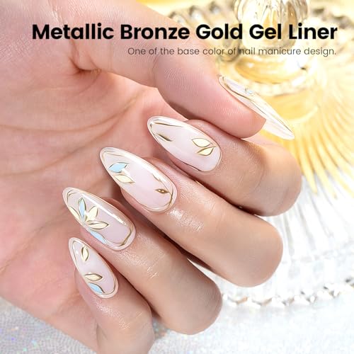 RARJSM Metallic Nail Art Gel Liner Bronze Gold Mirror Chrome 3D Effect Gel Nail Polish 8ml Build in Thin Brush Metal Painted Drawing Striper Painting Gel Polish Soak off Curing Requires for Home Salon