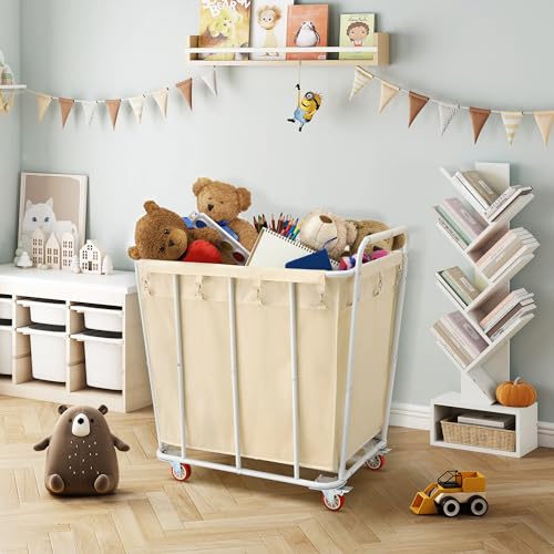 Hoctieon Large Rolling Laundry Hamper with Wheels, Laundry Sorter Cart for Clothes Storage, Durable Laundry Basket with Lockable Wheels, Heavy Duty Clothes Hamper for Laundry & Bedroom, Beige