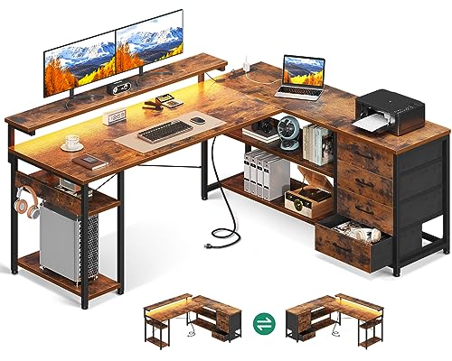 AODK 53" L Shaped Desk with Drawer, Computer Desk with Power Outlets & LED Lights, Reversible Corner Gaming Desk for Home Office Workstation, Office Desk with Monitor Shelf, Pure Black