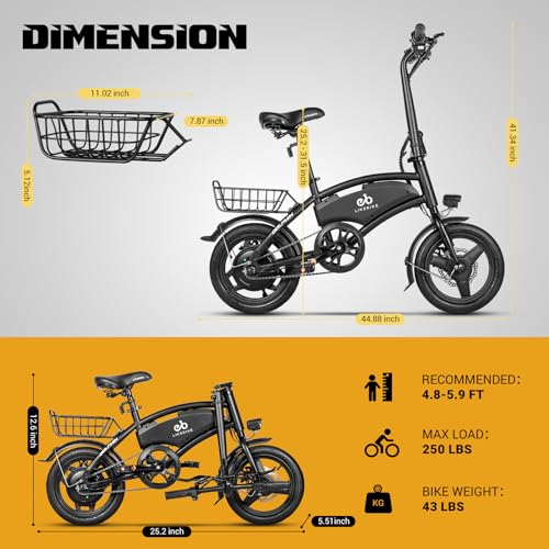 Electric Bike, 250W Brushless Motor(Peak 540W), 280.8WH Hidden Lithium-Battery, 3 Levels Assist, Dual Disc Brakes, 14" Mini Folding Ebikes for Adults and Teens Commuter Black,UL 2849 Certified