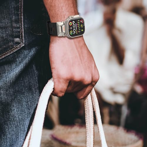 Rugged Bands Compatible with Apple Watch Band for Men 49mm/45mm/42mm, Sport Replacement Strap Compatible for iWatch Ultra2/Ultra/SE2/SE/9/8/7/6/5/4/3/2/1 (49mm/45mm/42mm, Black-Titanium Adapters)