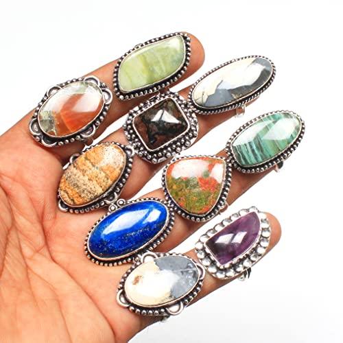 Carats Chunky Silver Rings Pack for Women - 10 Pcs - Stackable Fashion Ring Set, Silver Plated Statement Knuckle Handmade Gemstone Gothic Vintage Rings for Women