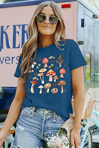 MAIHUN Mushrooms Shirts for Women Mycology Tshirt Fungi Lover Tee Mushroom Graphic Short Sleeve Blue