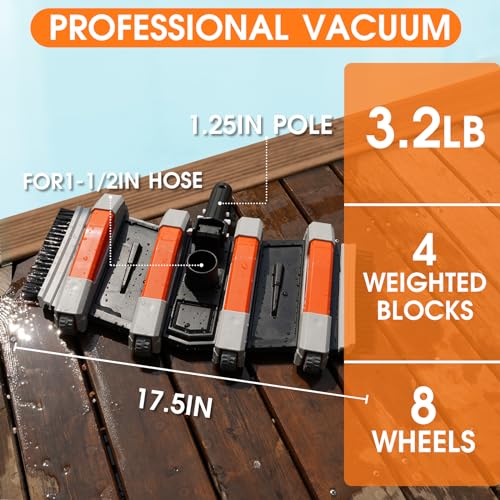 TidyMister Heavy Duty Pool Vacuum Head with Side Brush & Wheels for Vinyl Liner Professional Weighted Swimming Pool Vac Cleaner Heads for Inground & Above Ground Pool - Orange