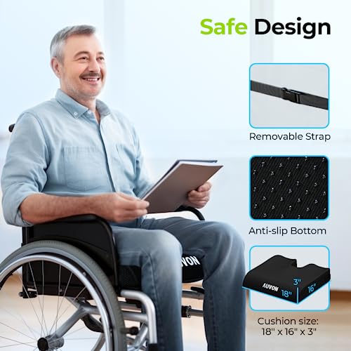 AUVON Gel Wheelchair Seat Cushion, Relieve Sciatica, Back, Coccyx, Pressure Sore and Ulcer Pain, Refreshing Ergonomic Chair Cushion with Waterproof Silk Fabric, Anti-Slip Cover, Removable Strap