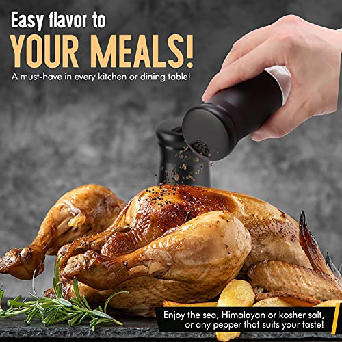 The Original Salt and Pepper Shakers set - Black -Spice Dispenser with Adjustable Pour Holes - Stainless Steel & Glass - Set of 2 Bottles