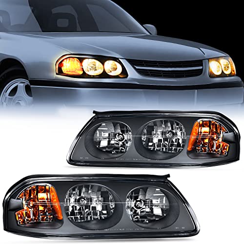 Nilight Headlight Assembly for 2000 2001 2002 2003 2004 2005 Chevy Impala Replacement Headlamp Black Housing Amber Reflector