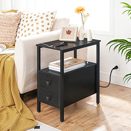 HOOBRO End Table with Charging Station, Narrow Side Table with 2 Drawer & USB Ports & Power Outlets, Nightstand for Small Spaces, Stable and Sturdy, for Living Room, Bedroom, Black BK541BZ01