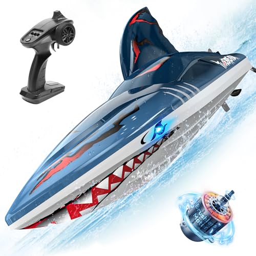 DEERC Brushless RC Boat, Fast Racing Jet Boat, 25+MPH, 30+ Mins Remote Control Boat with LED Light for Boys & Adults, Full Proportional Speed Boat, Pool Toy for Kids