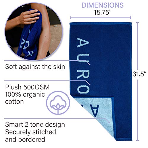 Luxury Organic Cotton Gym Towel - Soft, Absorbent, Silver Infused - 31.5 X 15.75 inch - Blue Yoga & Gym Towel for Men & Women