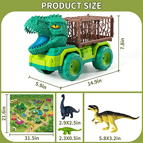 TEMI Dinosaur Truck Toys for Kids 3-5 Years, Tyrannosaurus Transport Car Carrier Truck with 8 Dino Figures, Activity Play Mat, Dinosaur Eggs, Trees, Capture Jurassic Play Set for Boys and Girls