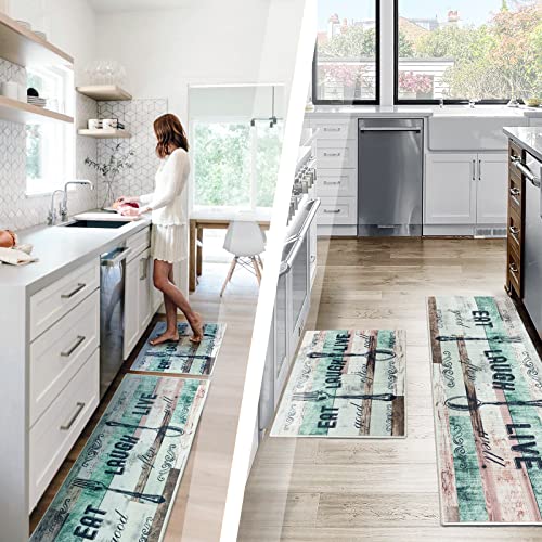 Carvapet Kitchen Mat [2 PCS 17"x48"+17"x24"] Non-Slip Backing Kitchen Rugs and Mats Pattern Printed Farmhouse Decor Washable Kitchen Floor Mat, Aqua Grey