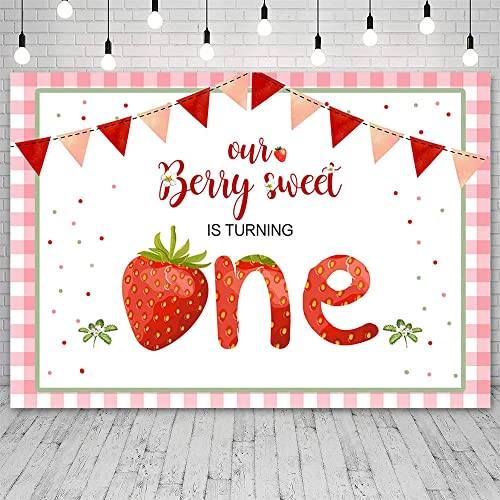 ABLIN 7x5ft Sweet Strawberry 1st Birthday Backdrop for Girls Berry Sweet Baby Girl 1st Birthday Decorations Banner Pink Stripe Red Pennant Photography Background Wall Decor Props