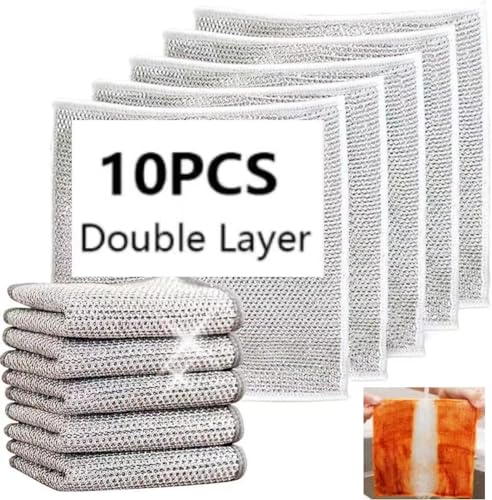 neogor Non-Scratch Wire Cleaning Dishwash Dishcloth, Kitchen Washcloths for Washing Dishes, Multipurpose Wire Dishwashing Rag for Wet and Dry(10PCS)(Double Layer), Silver
