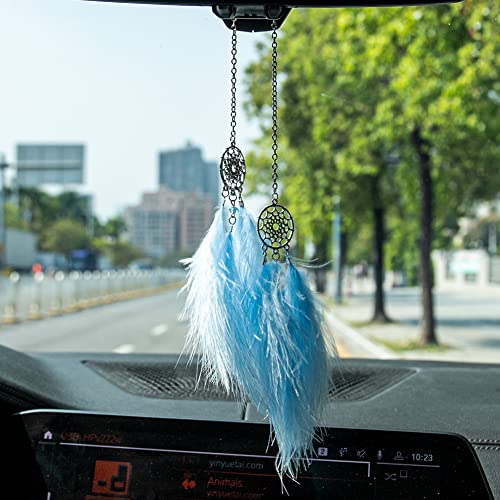 Feather Dream Catcher Crystal Charm Bling Car Deco Rear View Mirror Car Pendant Hanging Car Styling Accessories (Blue)