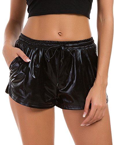 Tandisk Women's Yoga Hot Shorts Shiny Metallic Pants with Elastic Drawstring Rose Red L