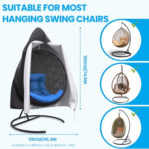 Patio Swing Chair Cover, Mrrihand Waterproof Egg Chair Covers for Outdoor Furniture, Outdoor Windproof Swing Egg Chair Covers with Zipper & Drawstring (74.8”H X 45.3”W, Black)