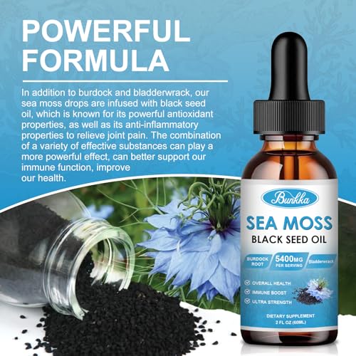 Bunkka Sea Moss 3000mg Black Seed Oil 1000mg with Burdock Root 600mg Bladderwrack 800mg&Vitamin C Vitamin D3, Irish Sea Moss Drop for Immune System, Gut, Skin & Energy