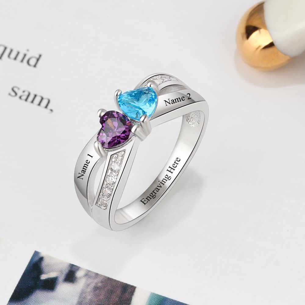 Personalized 2 Simulated Birthstone Rings for Women Mothers Ring with Names Custom Promise Rings for Women