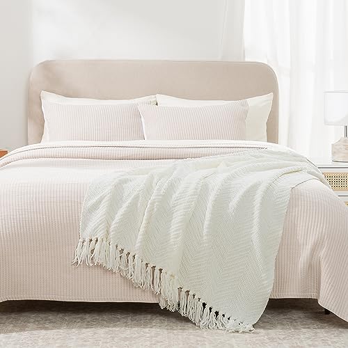 RECYCO Knit Chenille Throw Blanket, Textured Knitted Throw Blankets w/Tassels, Decorative Warm Soft Woven Throw for Couch Bed, Cream White, 50x60 in