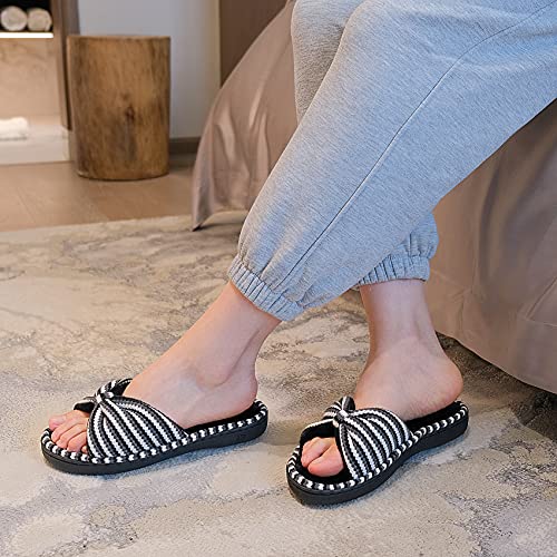 DL Women's Memory Foam Open Toe Slide Slippers with Cute Bow and Cozy Terry Lining, Slip-on House Shoes Spa Mules Sandals with Indoor Outdoor Rubber Sole